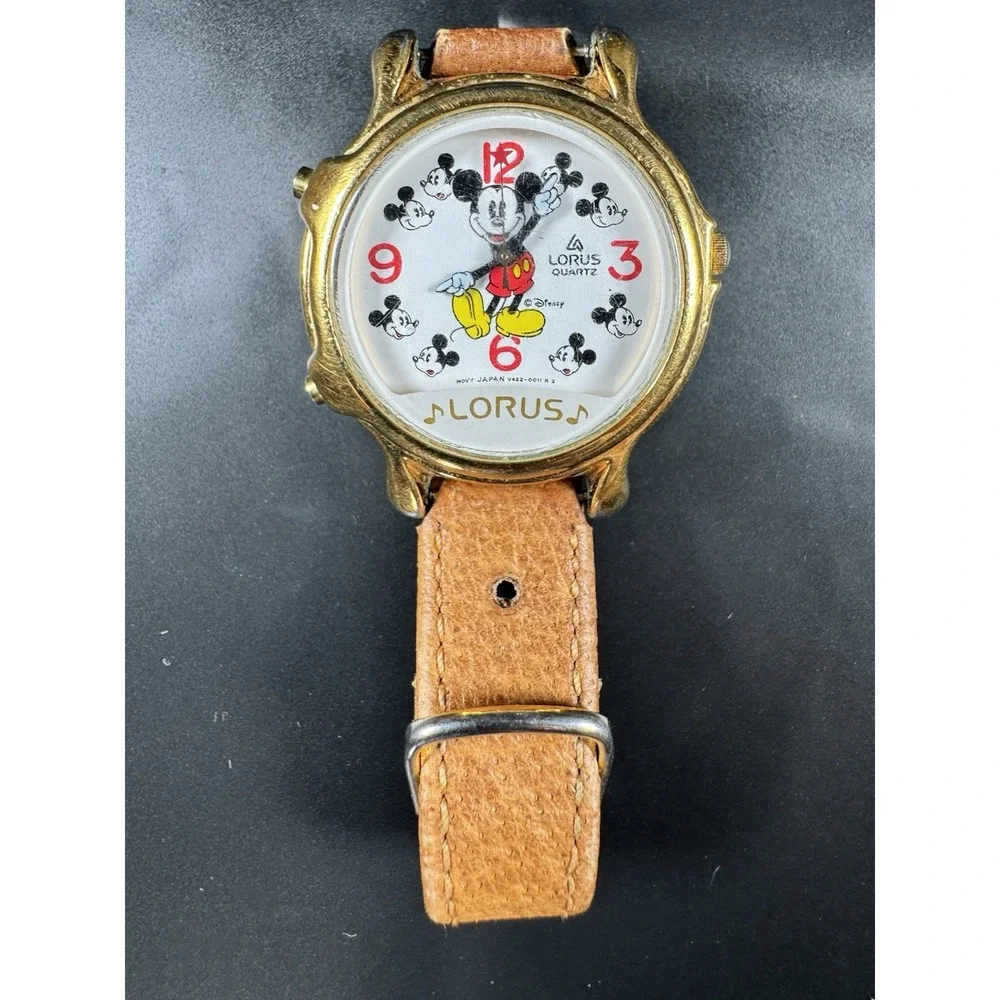 Vintage Lorus Disney Mickey Mouse Musical Quartz Watch V422-0010 Gold Tone 8in